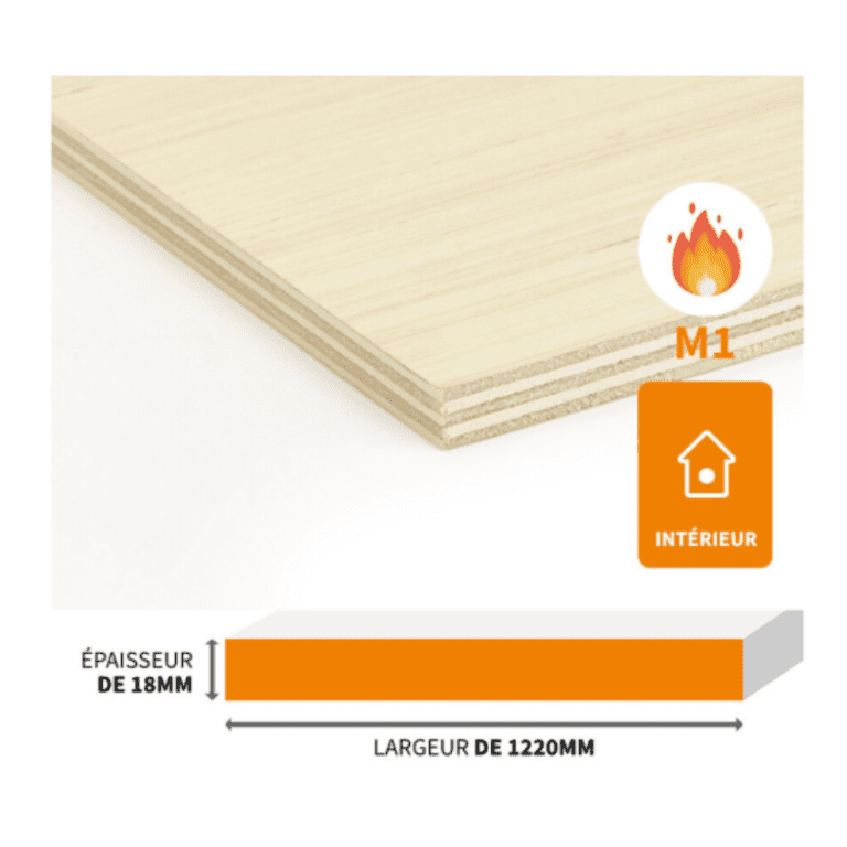 PANNEAU CONTREPLAQUÉ EN PEUPLIER IGNIFUGE M1 POUR AMÉNAGEMENT INTÉRIEUR 1220X2500X18MM